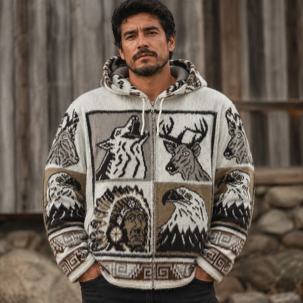 Artesanias Tuntaquimba Mens XL Wool Zip Hoodie Eagle Wolf Deer Ecuador